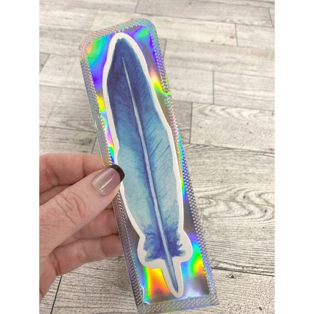 Bookmark Blue Indigo Feather Watercolor Die Cut Holographic Sleeve Boho Reader